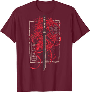 Red Spider Lily Flower Japanese Katana Sword Backprinted T-Shirt - T-Shirt | Maroon