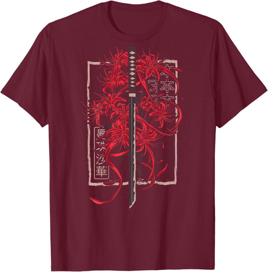 Red Spider Lily Flower Japanese Katana Sword Backprinted T-Shirt - T-Shirt | Maroon