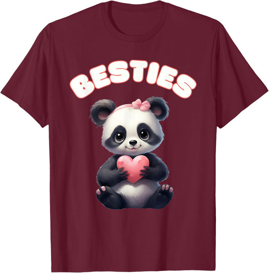 Besties Panda Holding Heart Friendship Summer Vibes T-Shirt - T-Shirt | Maroon