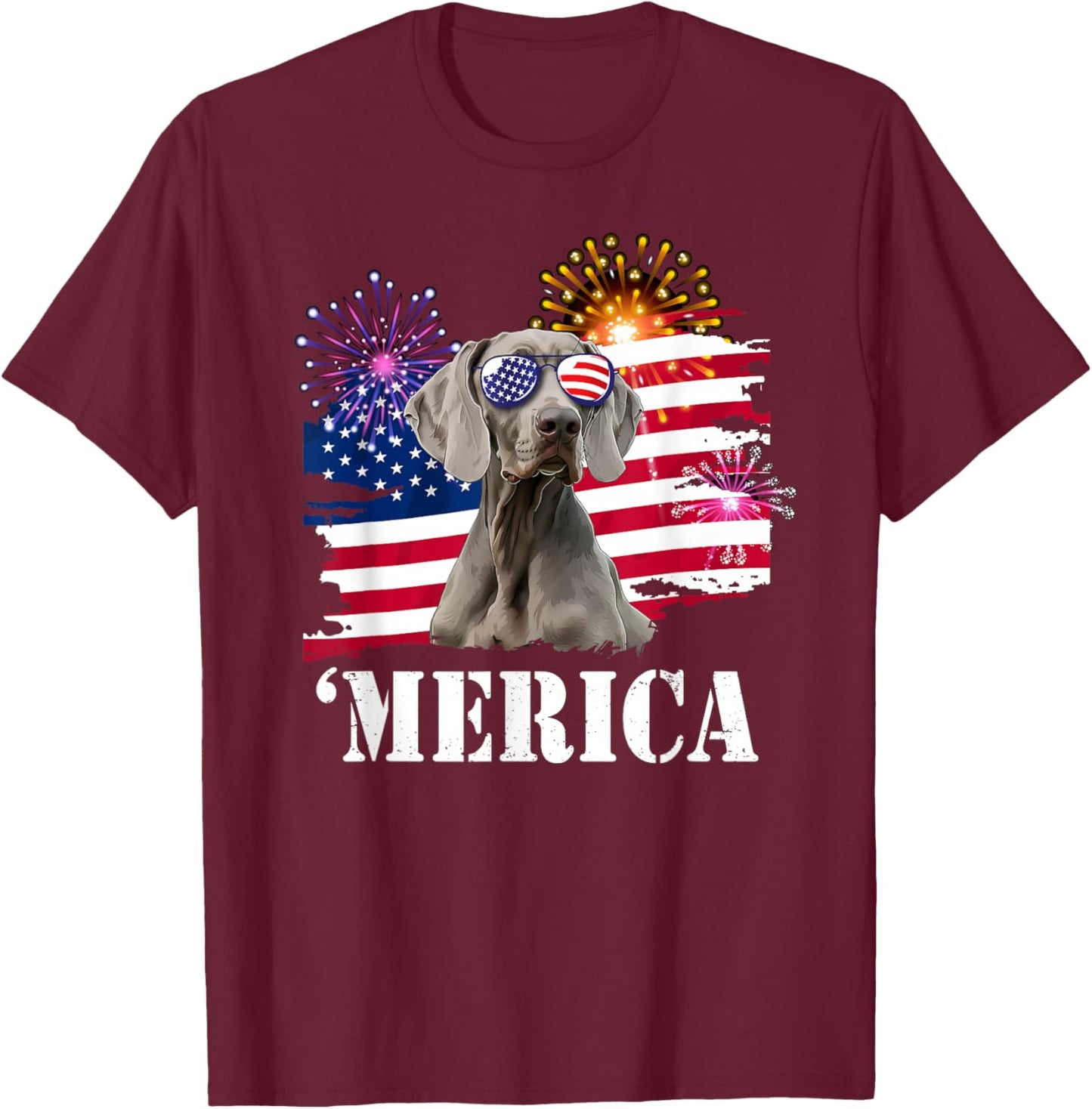 USA Flag 4th of July Fourth Merica Weimaraner Lover T-Shirt - T-Shirt | Maroon