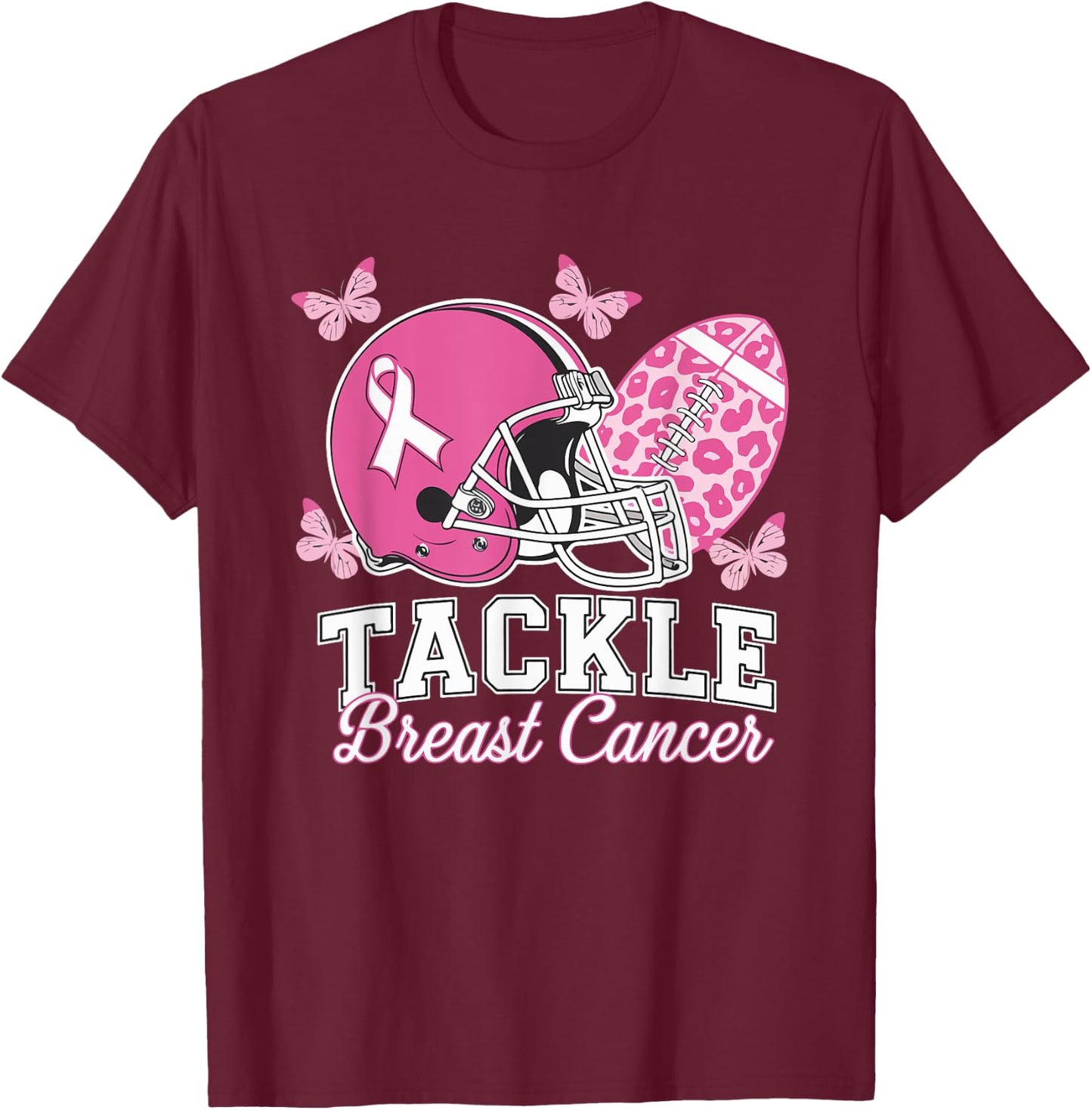 Tackle Breast Cancer Pink Ribbon American Fantasy Football T-Shirt - T-Shirt | Maroon
