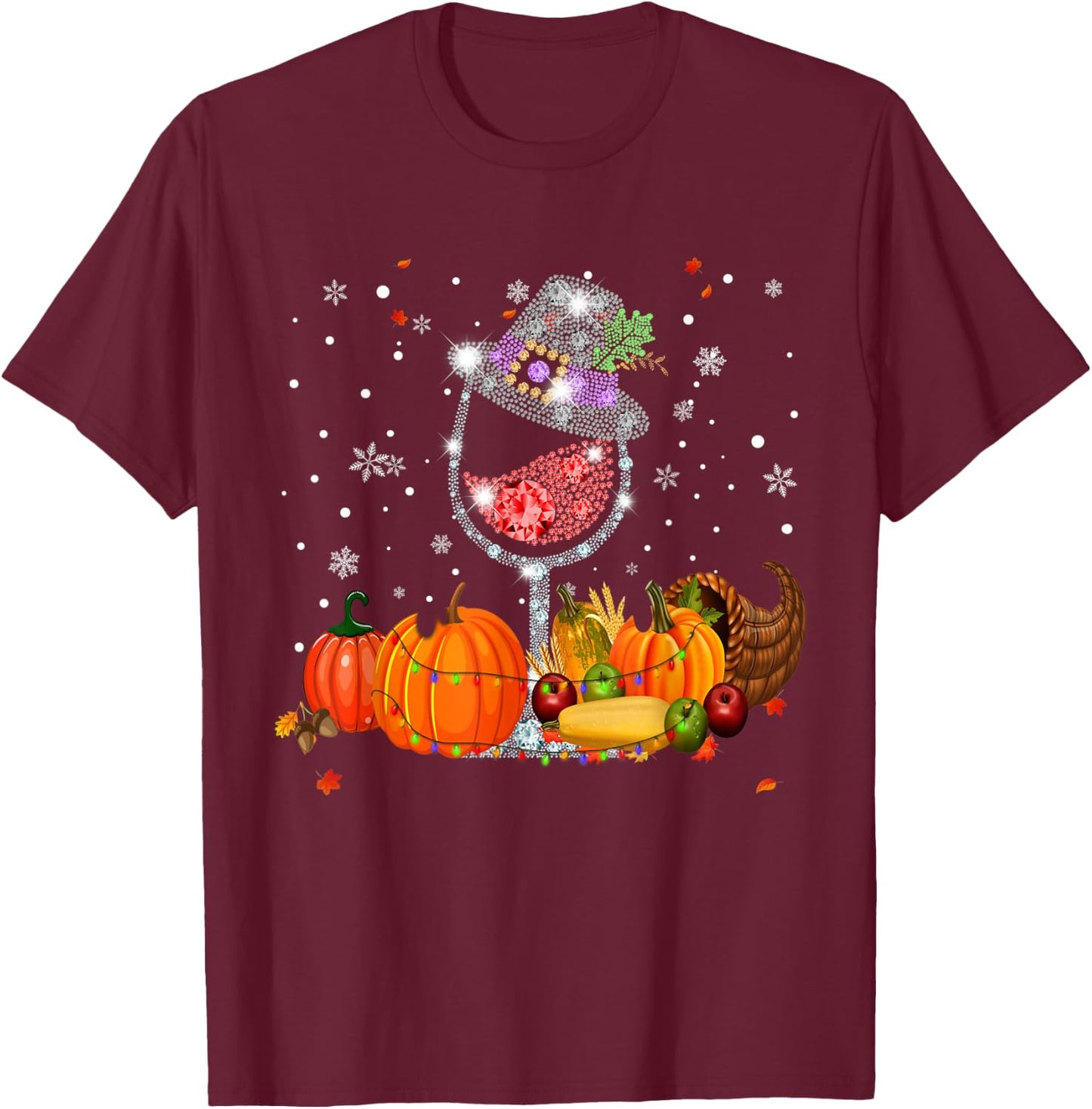 Glass of Wine Diamond Maple Leaf Autumn Fall T-Shirt - T-Shirt | Maroon