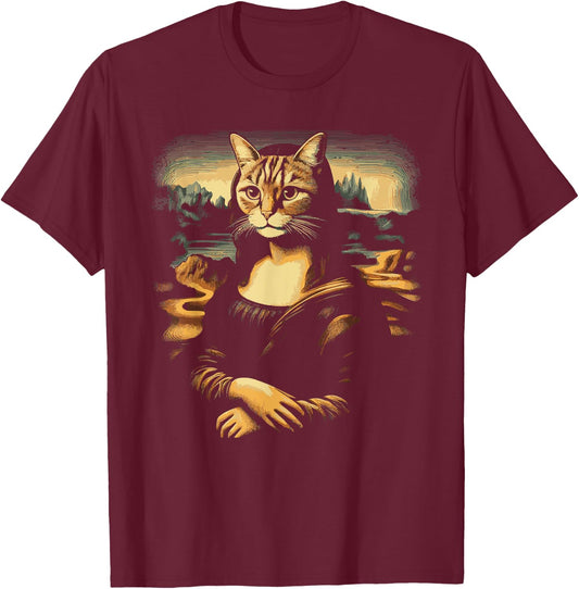 Monalisa With A Cat Face Funny Cat Lover Cat Memes Women Kids T-Shirt - T-Shirt | Maroon