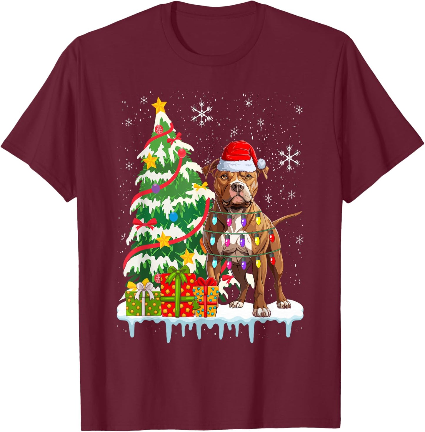 Pitbull Christmas Santa Pitbull Dog Lovers Christmas Tree T-Shirt - T-Shirt | Maroon