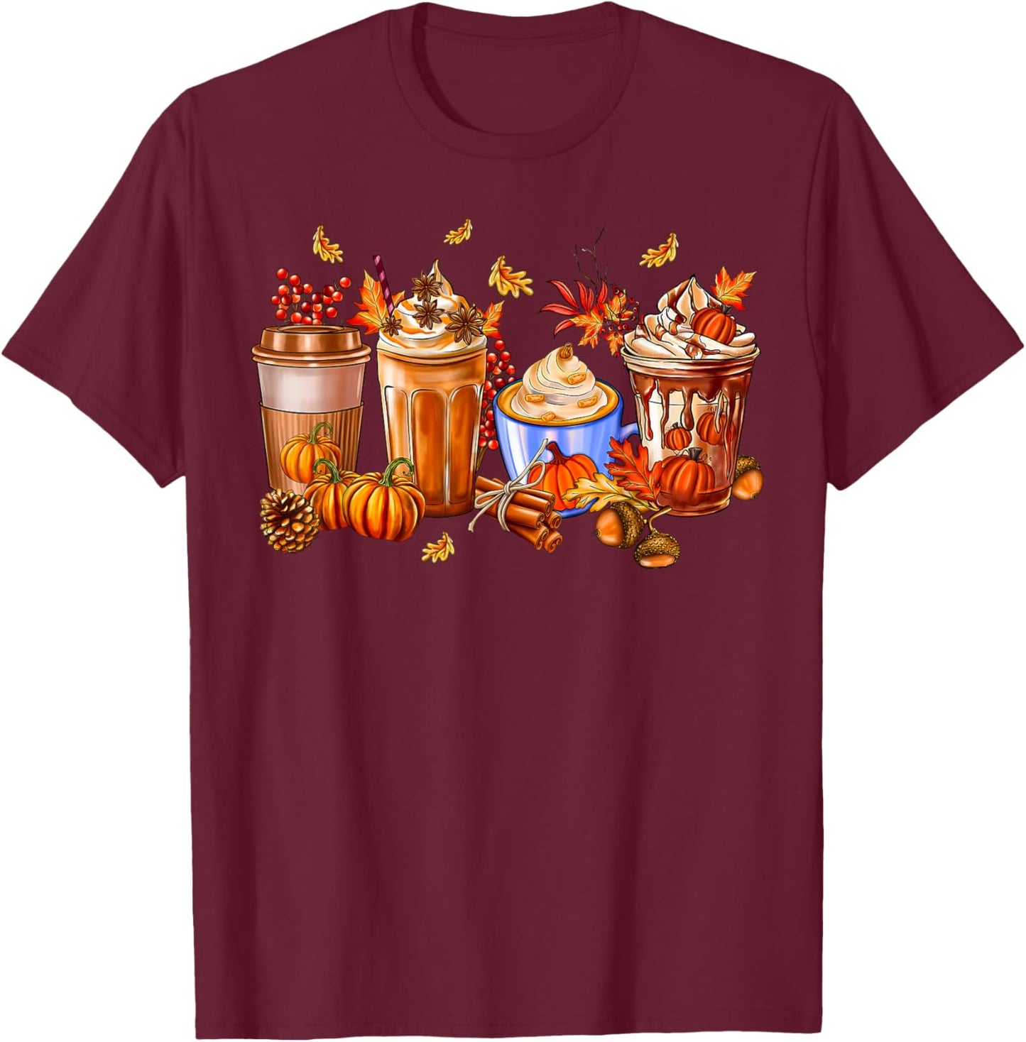 Pumpkin Spice Latte Coffee Cups Autumn Fall Season Costume T-Shirt - T-Shirt | Maroon