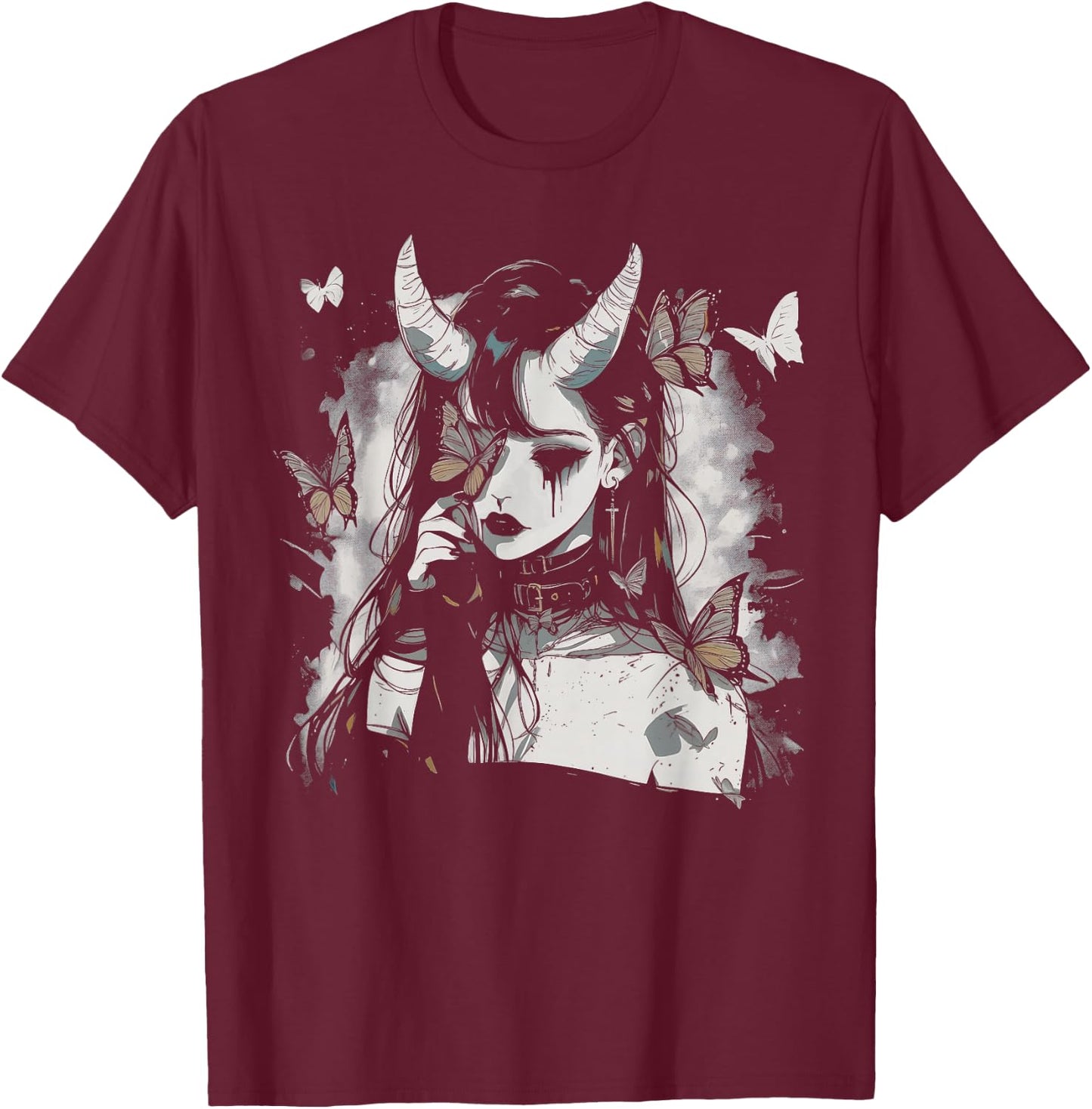 Butterfly Girl Sad Goth Anime Alt Alternative Art Aesthetic T-Shirt - T-Shirt | Maroon