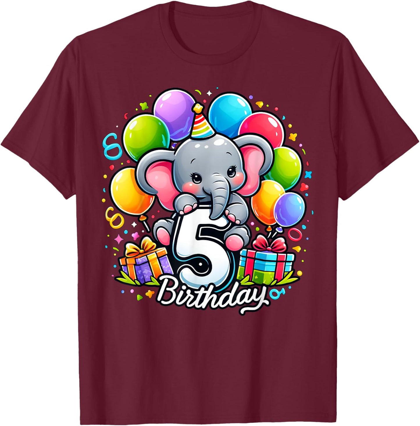 Kids Elephant Theme fifth Bday Party 5th Elephant Birthday T-Shirt - T-Shirt | Maroon