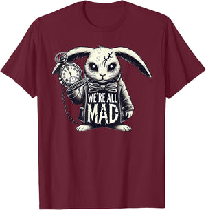 Alice in Wonderland - We're All Mad White Rabbit Mad Hatter T-Shirt - T-Shirt | Maroon