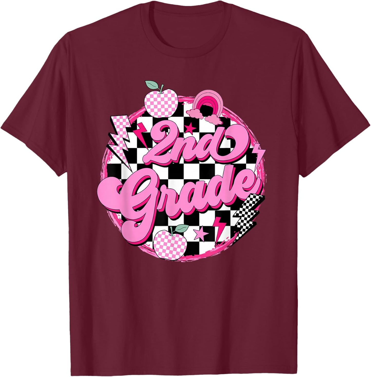 2nd Grade Teacher Women Retro Checkered First Day of School T-Shirt - T-Shirt | Maroon