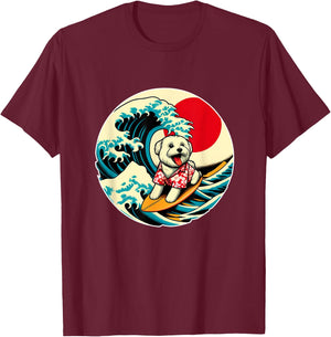 Great Wave Kanagawa Maltese dog Surfing Women Kids T-Shirt - T-Shirt | Maroon