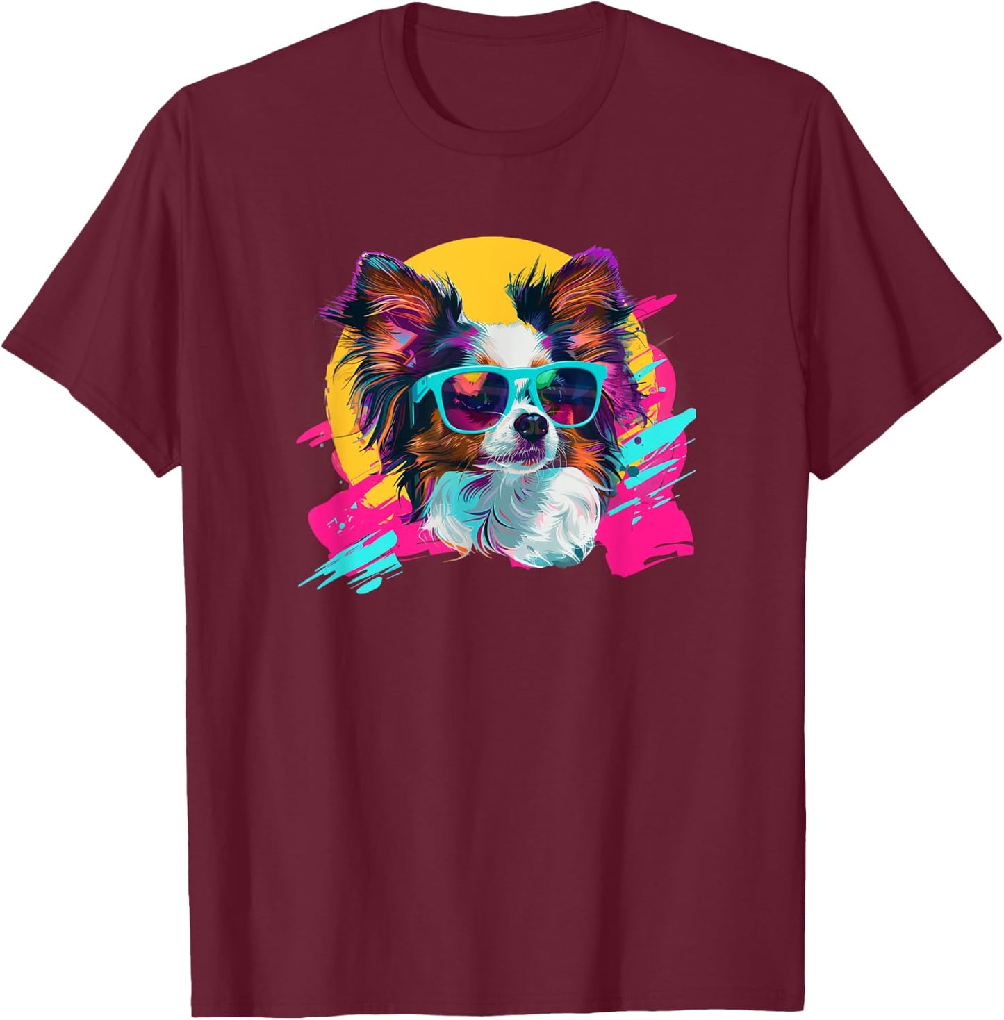 & Funny Retro Vintage 80s Papillon Dog Lover T-Shirt - T-Shirt | Maroon
