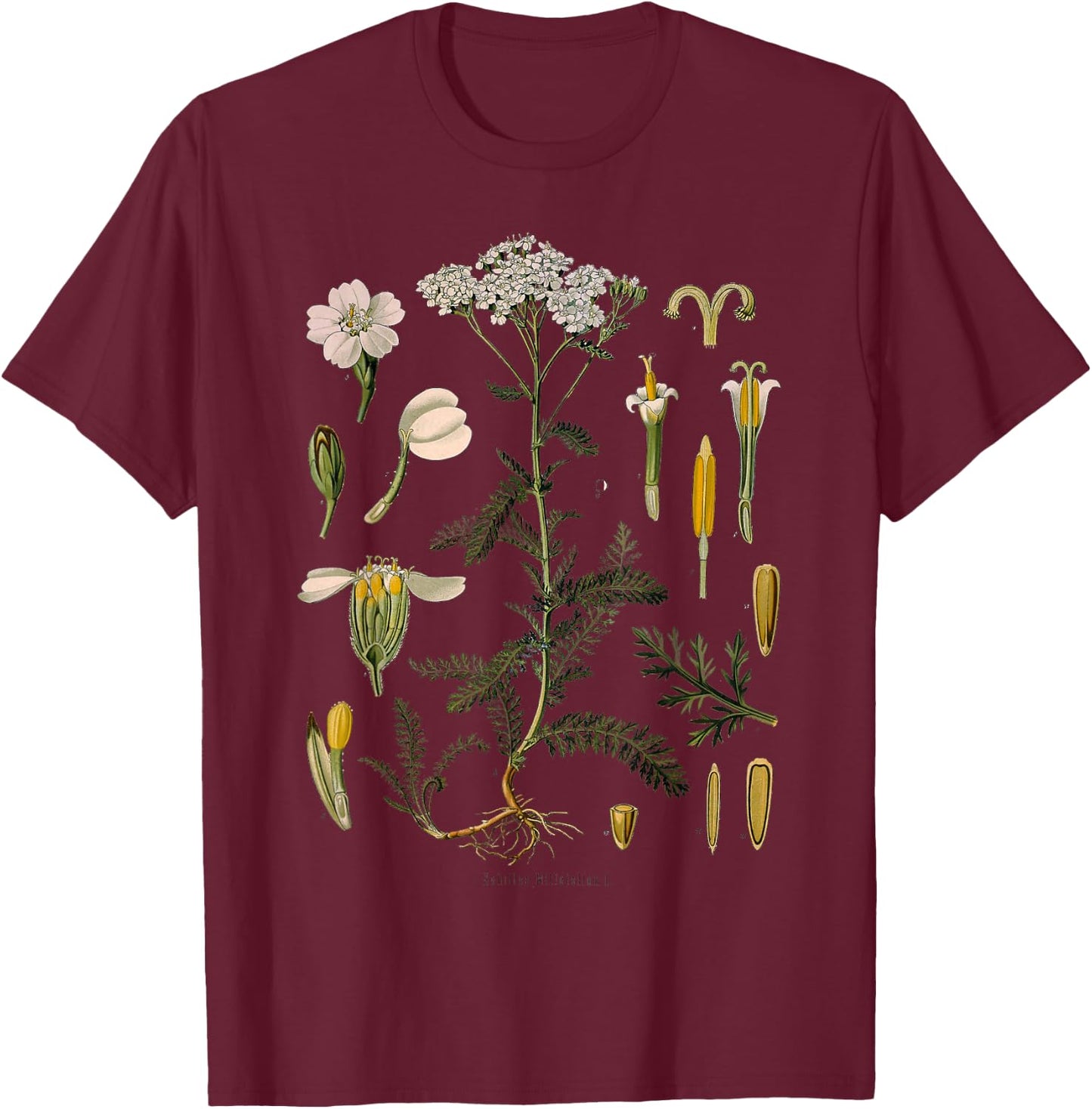 Yarrow Flower Vintage Floral Botanical Botany Illustration T-Shirt - T-Shirt | Maroon