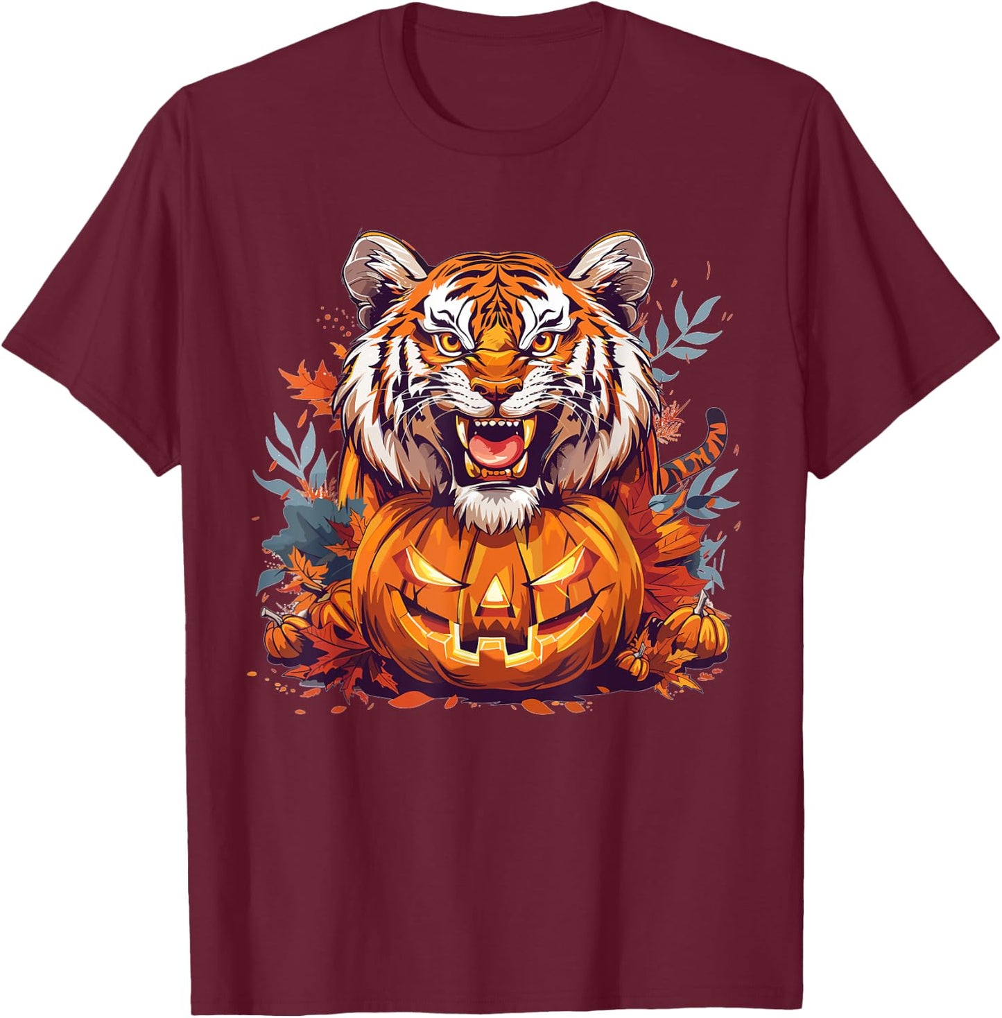 Cute Tiger With Pumpkin I Halloween T-Shirt - T-Shirt | Maroon