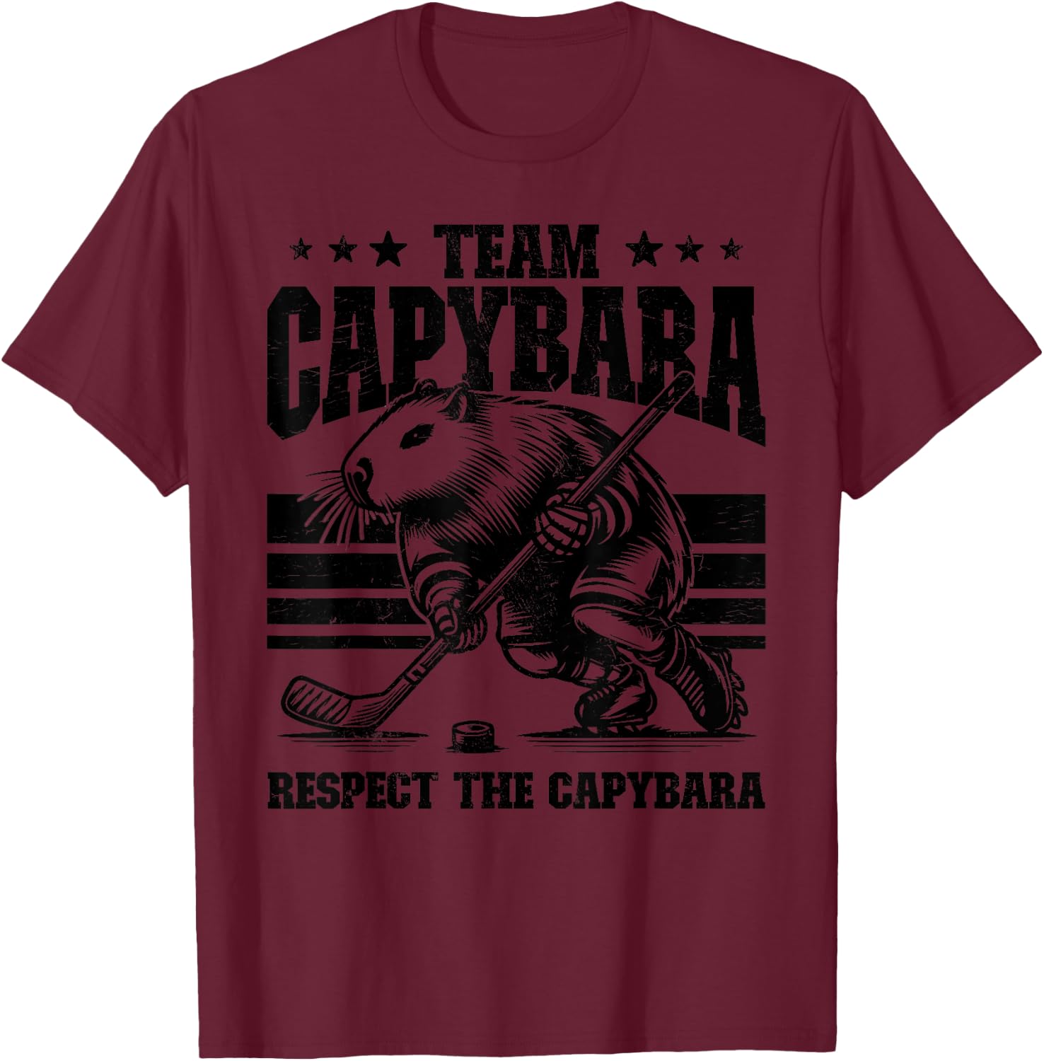 Team Capybara Hockey Funny Retro Capybara Playing Hockey T-Shirt - T-Shirt | Maroon
