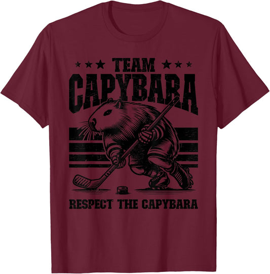 Team Capybara Hockey Funny Retro Capybara Playing Hockey T-Shirt - T-Shirt | Maroon