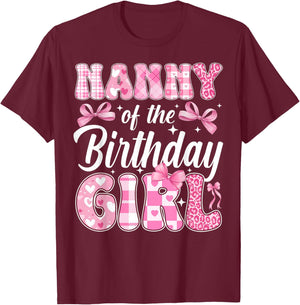 Nanny of The Birthday Girl Family Pink Coquette Bow T-Shirt - T-Shirt | Maroon