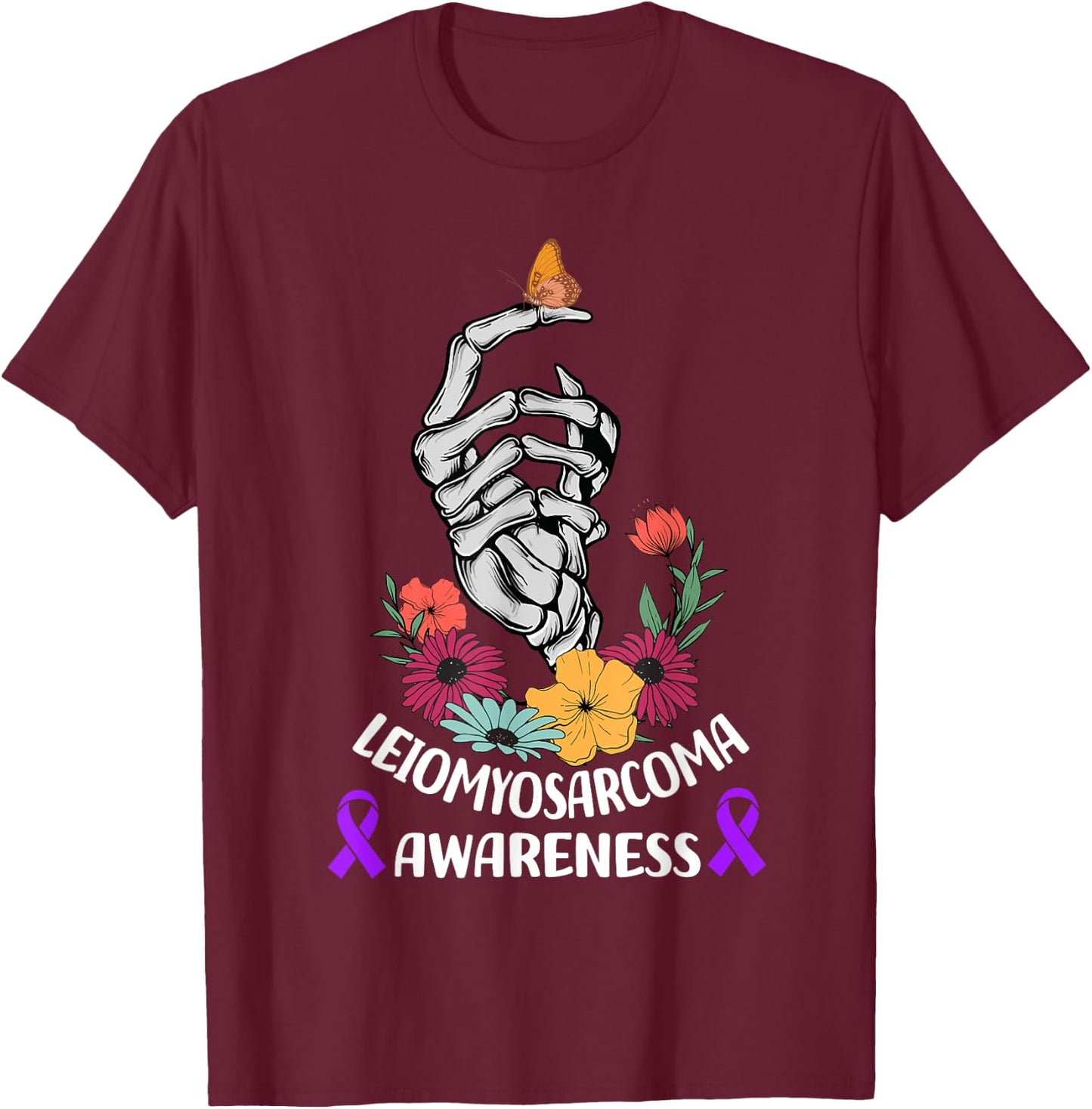 leiomyosarcoma Awareness Halloween Skeleton Hand T-Shirt - T-Shirt | Maroon