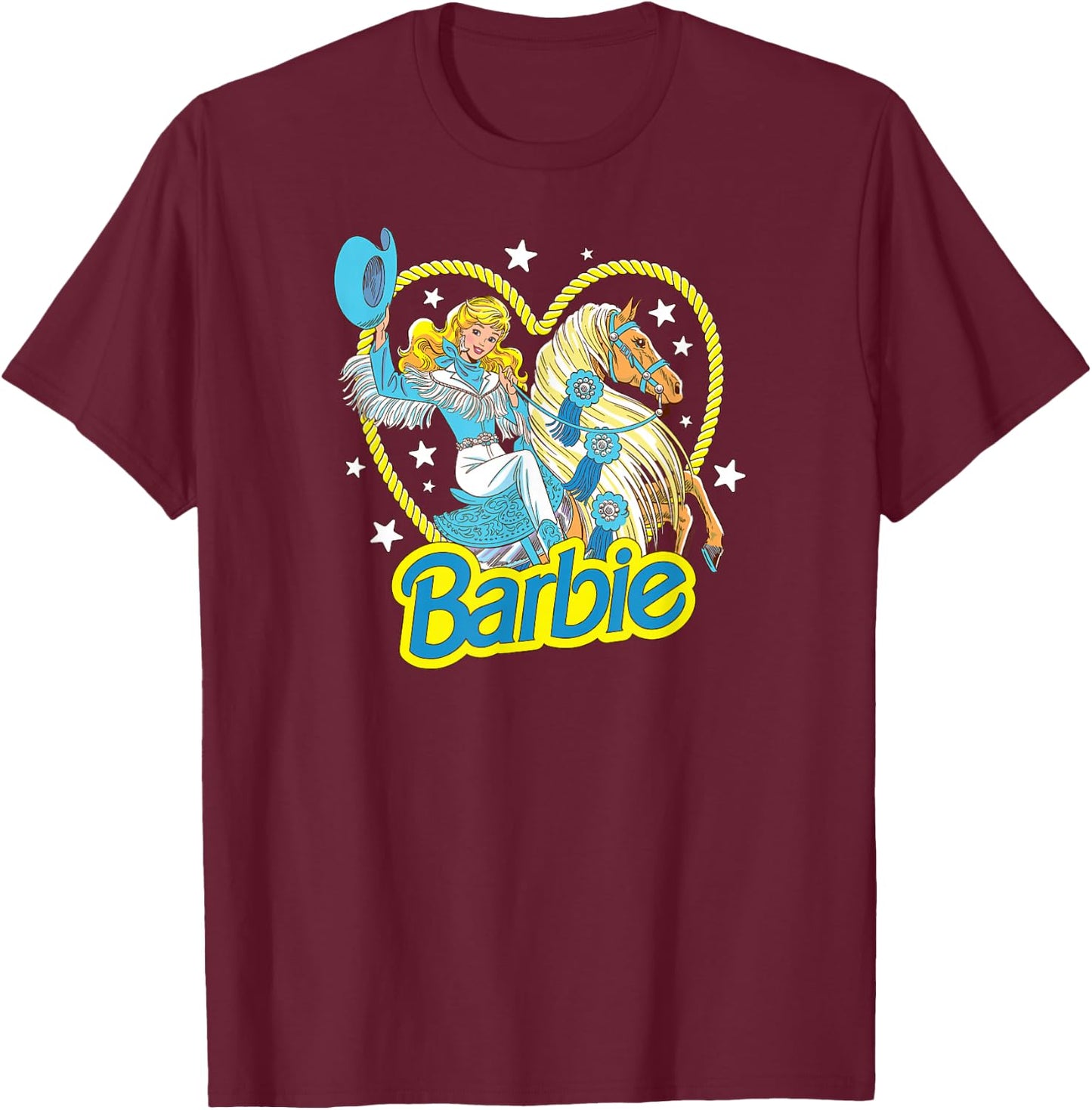 Barbie - Retro Western Cowgirl With Horse And Heart T-Shirt - T-Shirt | Maroon