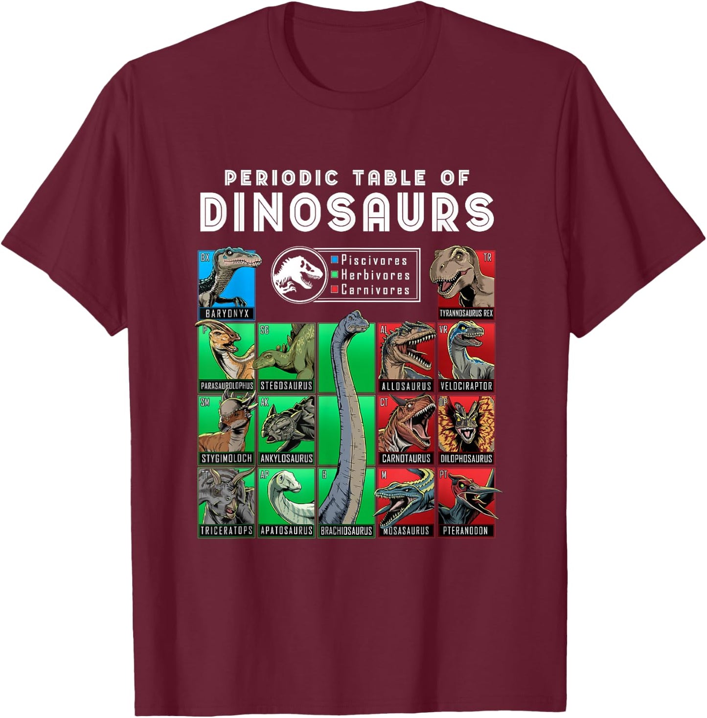 Jurassic World Neon Colorful Periodic Table Of Dinosaurs T-Shirt - T-Shirt | Maroon