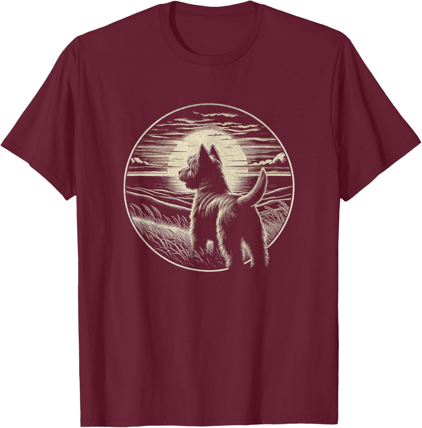 Vintage Cairn Terrier Dog Retro Sunset Scene Art Design T-Shirt - T-Shirt | Maroon