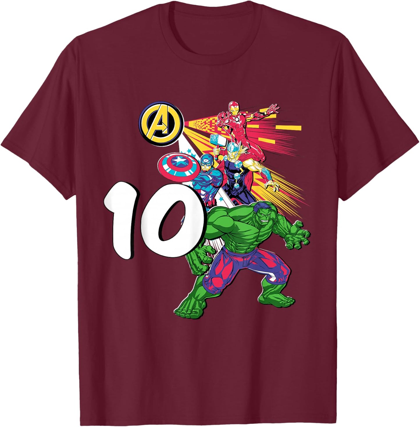 Marvel Super Heroes Avengers 10 Year Old Tenth Birthday T-Shirt - T-Shirt | Maroon