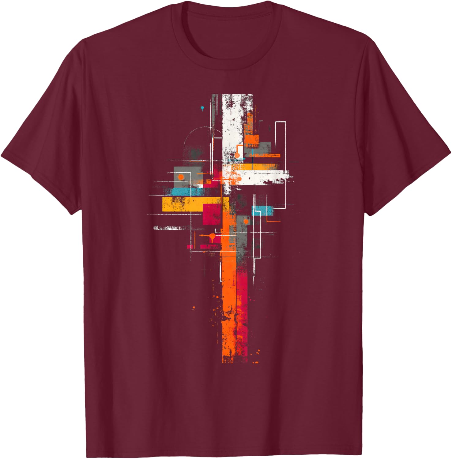 Grunge Abstract Geometric Cross, Orange Yellow Teal Graphic T-Shirt - T-Shirt | Maroon