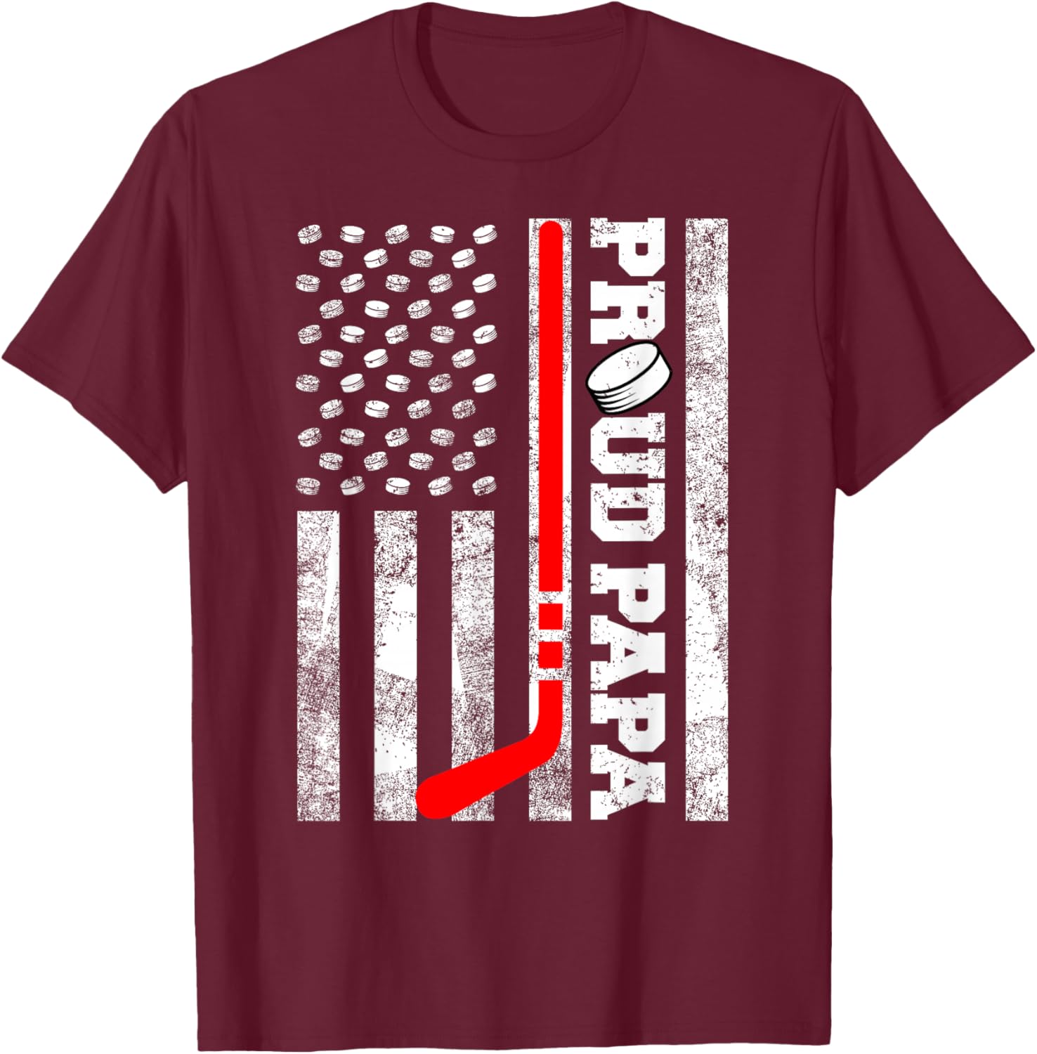 Proud Papa American Distressed Flag Funny Hockey Papa T-Shirt - T-Shirt | Maroon