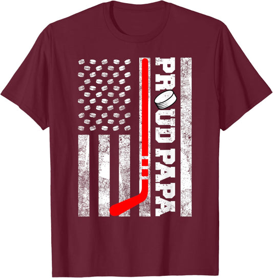 Proud Papa American Distressed Flag Funny Hockey Papa T-Shirt - T-Shirt | Maroon
