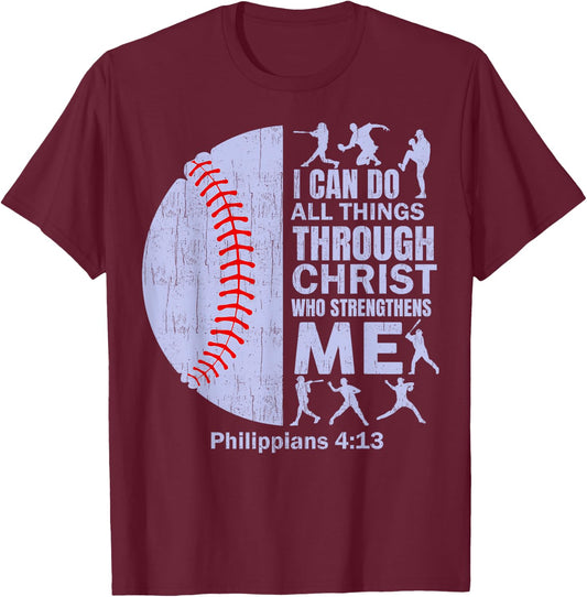 Christian Baseball T Shirt Christ Bible Verse Men Boys Kids T-Shirt - T-Shirt | Maroon