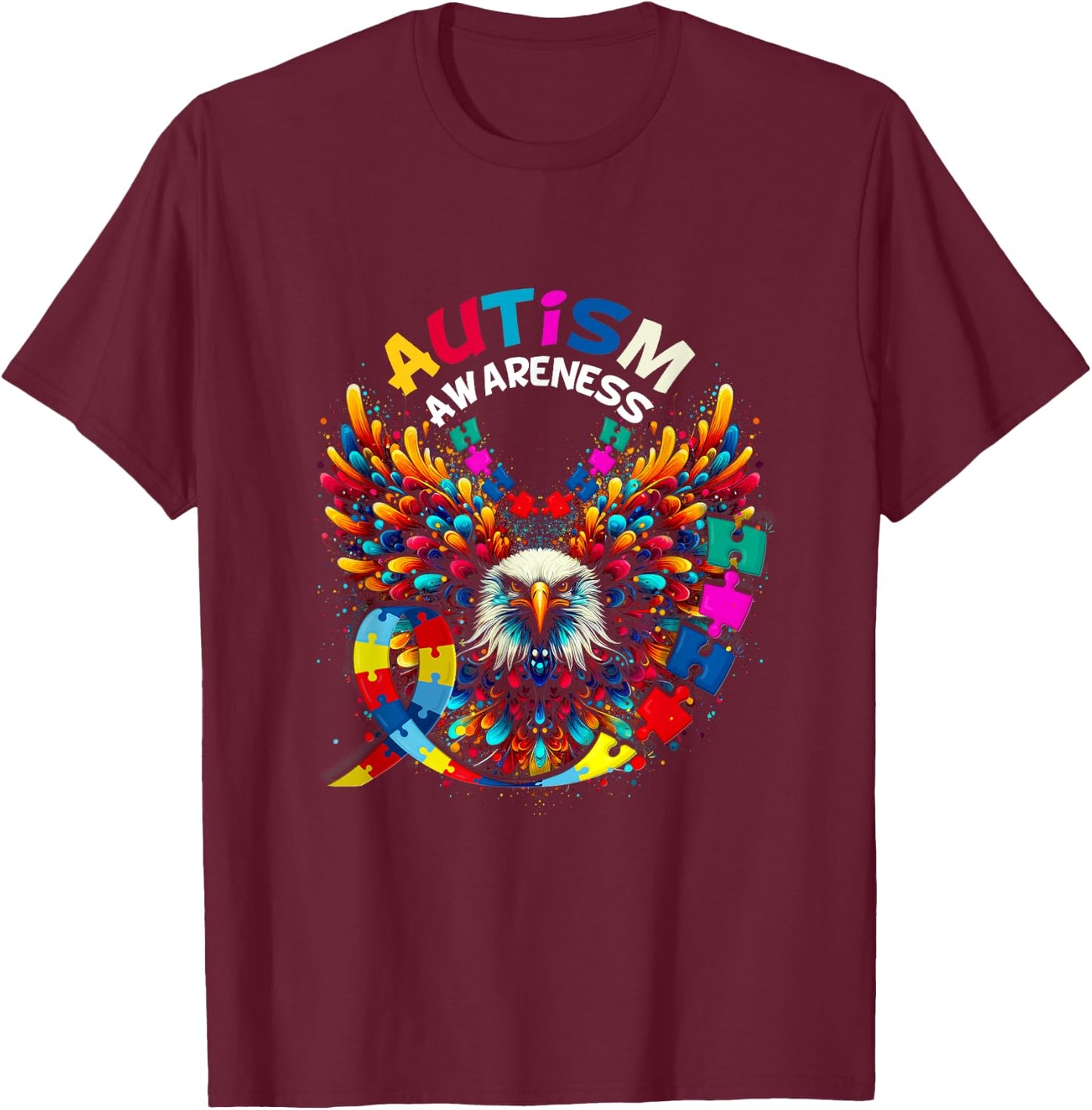 Autism Awareness Puzzle Pieces Eagle Family Health Support T-Shirt - T-Shirt | Maroon