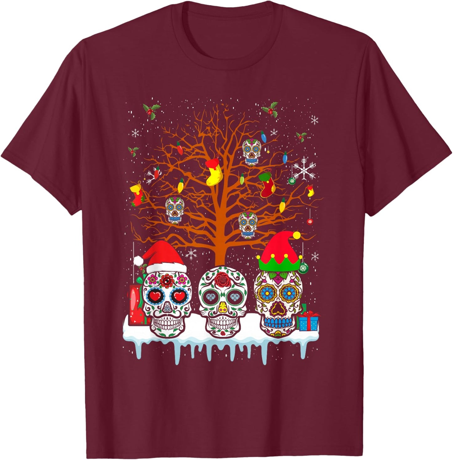 Christmas Sugar Skull On Tree Funny Santa Sugar Skull T-Shirt - T-Shirt | Maroon