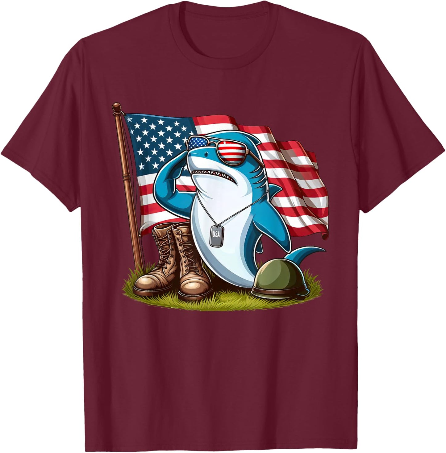 Salute Shark American USA Flag Memorial Day 4th of July T-Shirt - T-Shirt | Maroon
