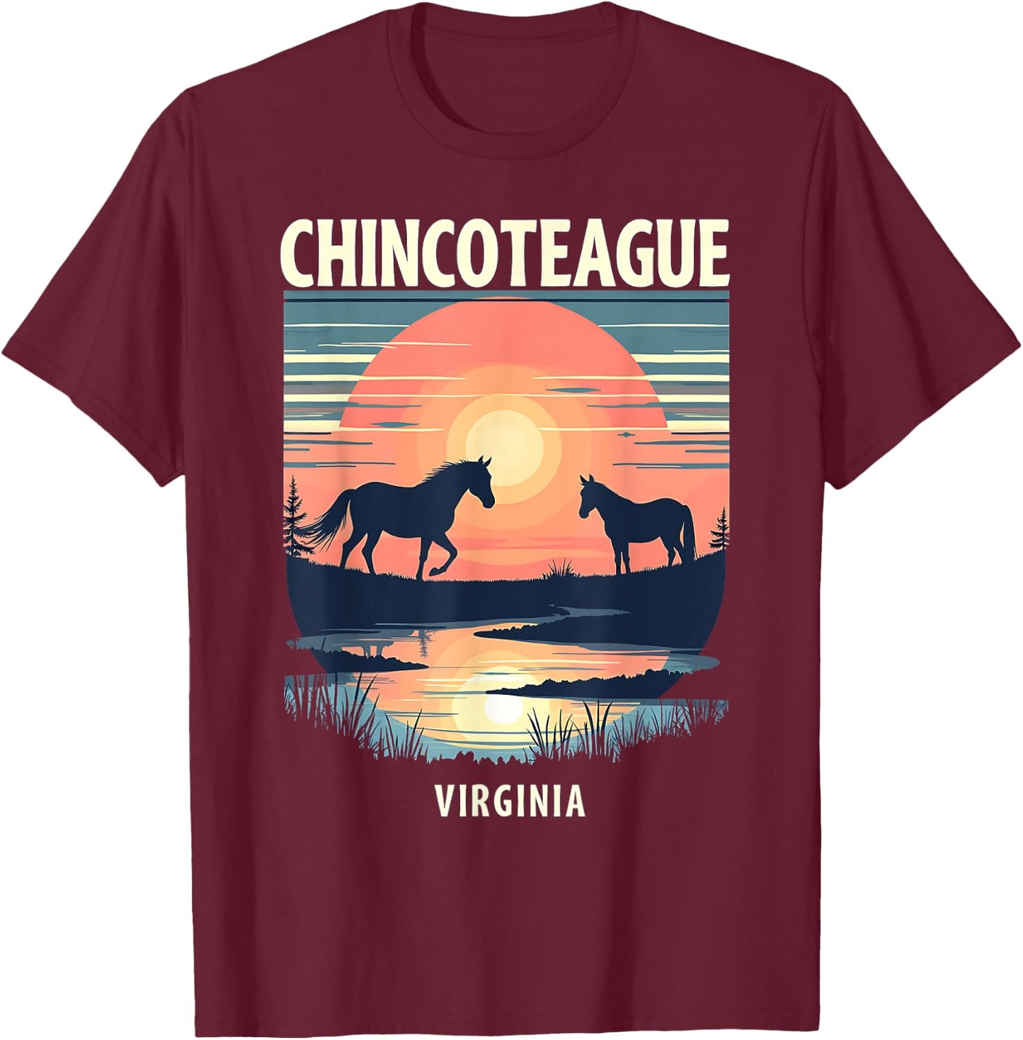 Retro Sunset Horse Silhouettes Chincoteague Virginia T-Shirt - T-Shirt | Maroon