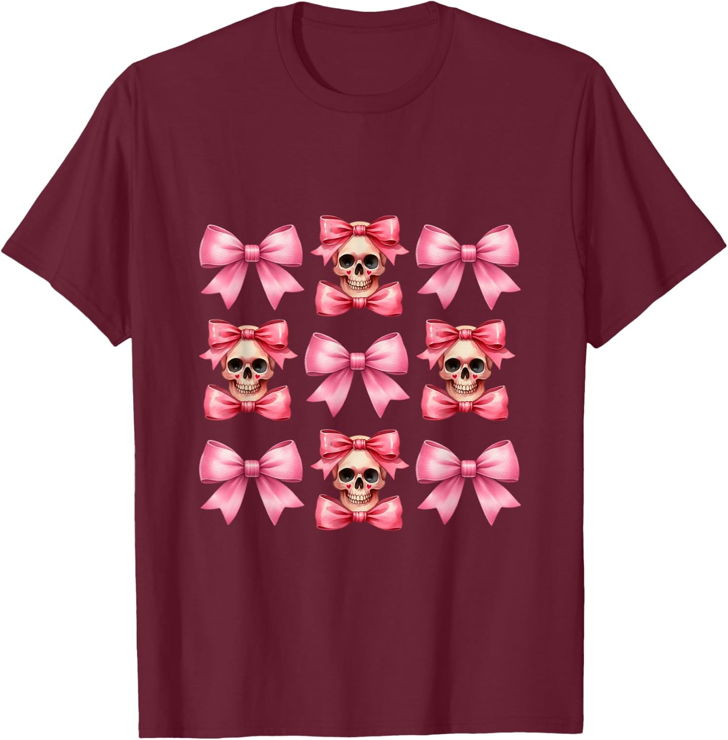 Halloween Coquette Pink Bow Pink Mini Skull Squad T-Shirt - T-Shirt | Maroon