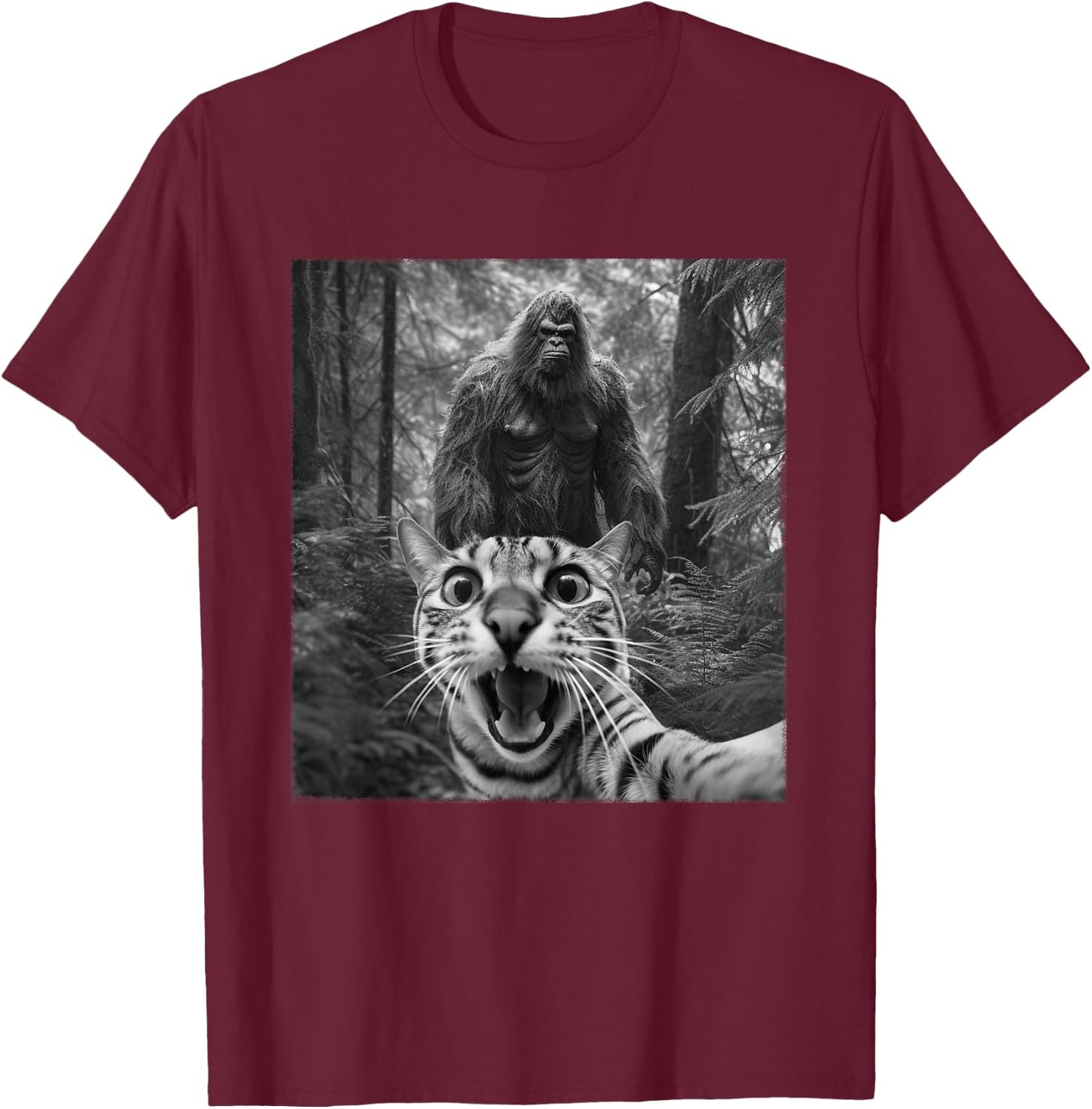 Surprised Scared Cat Selfie With Sasquatsch Bigfoot Meme Women Kids T-Shirt - T-Shirt | Maroon