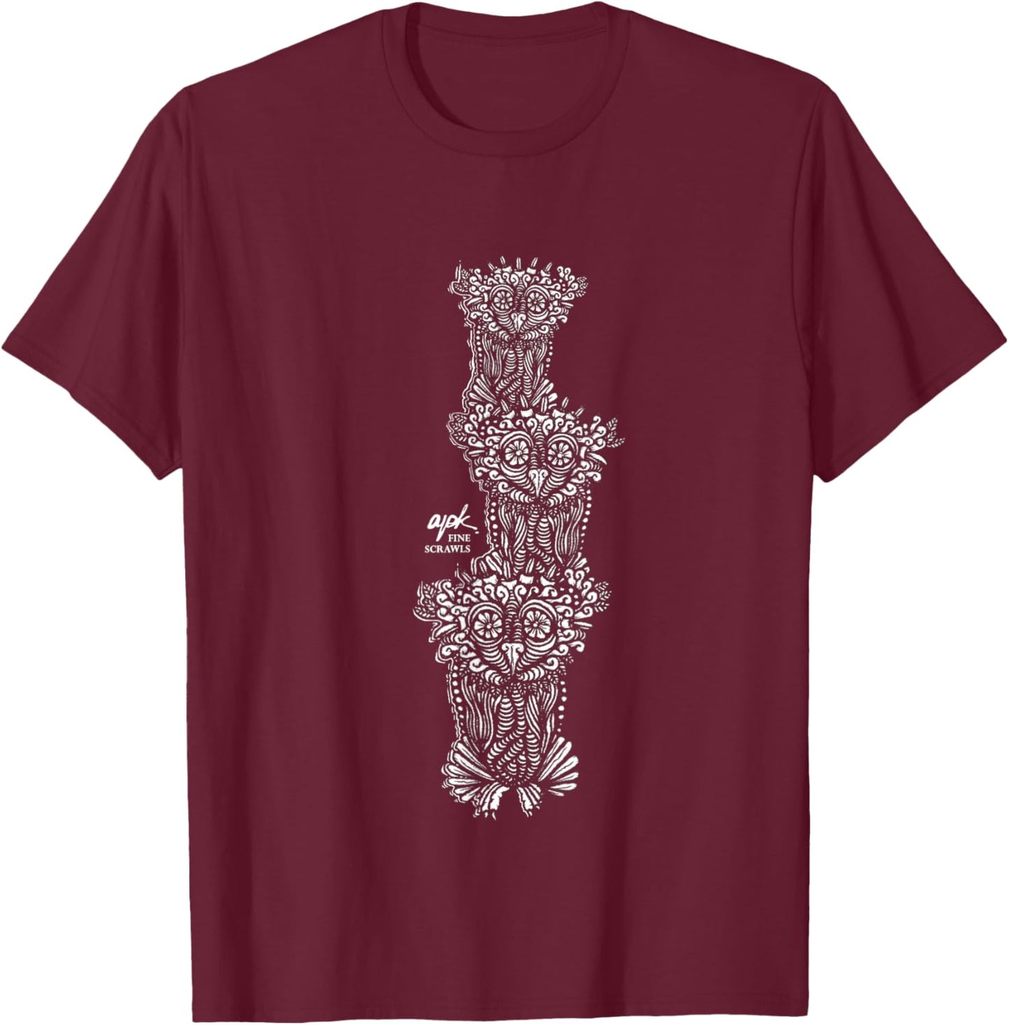 Owl Art Three Birds Drawing T-Shirt - T-Shirt | Maroon