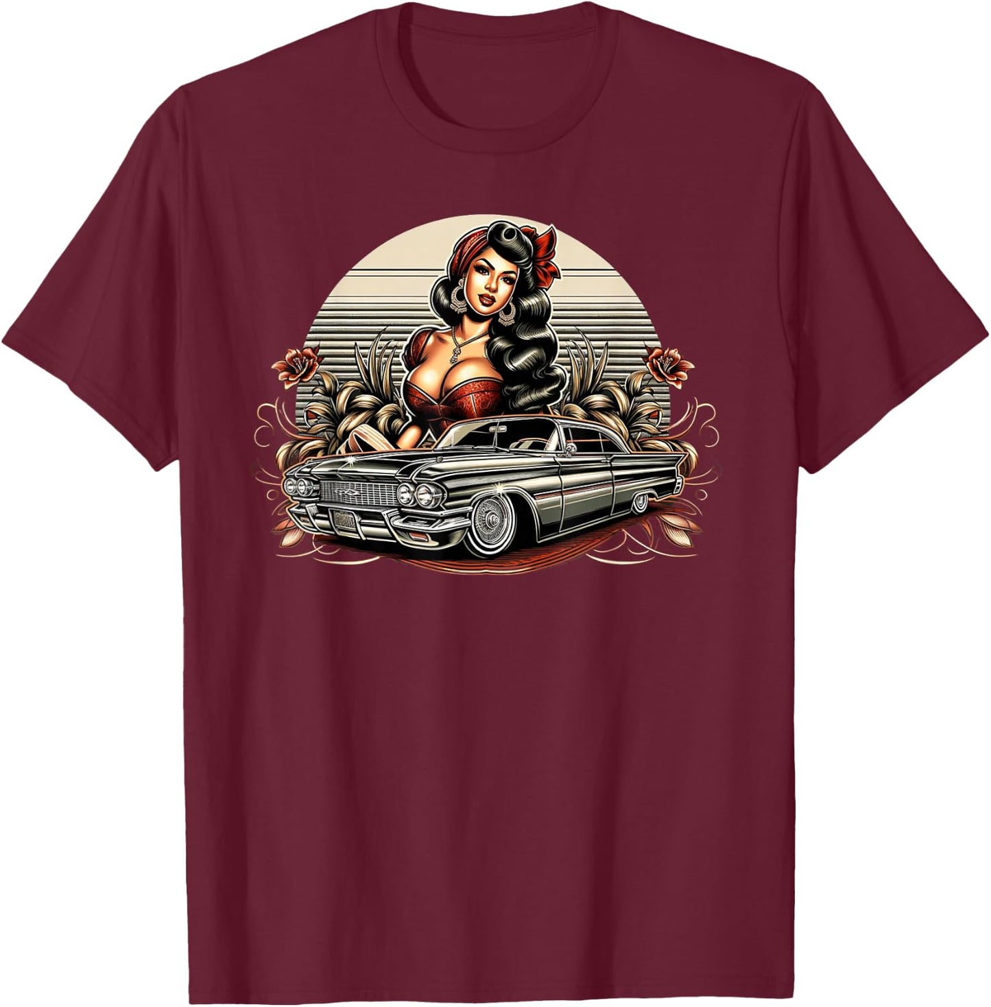Mexican Street Culture Lowrider Beautiful Latina Chola Model T-Shirt - T-Shirt | Maroon