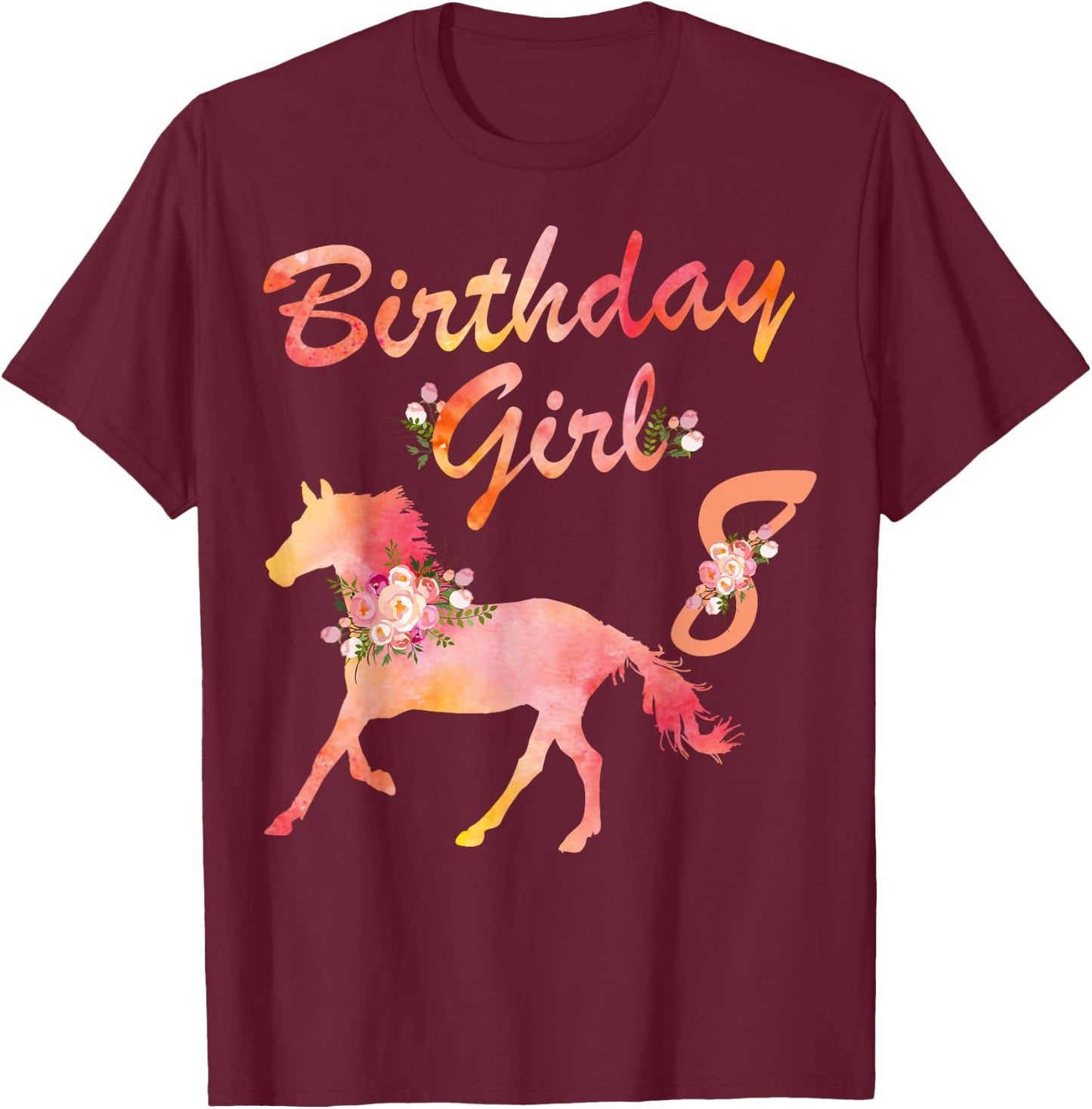 Horse Lover 8th Birthday For Girls Love Horses 8 Years Old T-Shirt - T-Shirt | Maroon