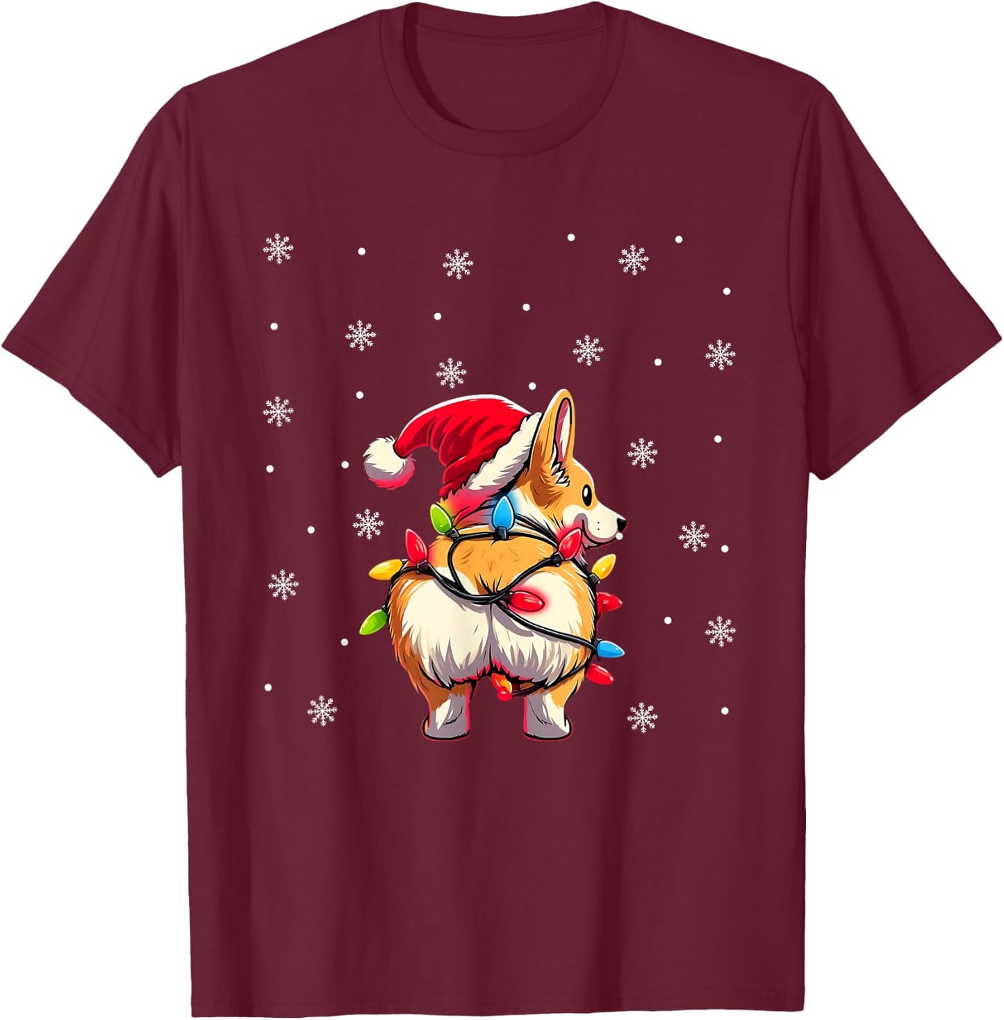 Corgi Butt Funny Santa Hat Christmas Snowflakes Lights T-Shirt - T-Shirt | Maroon