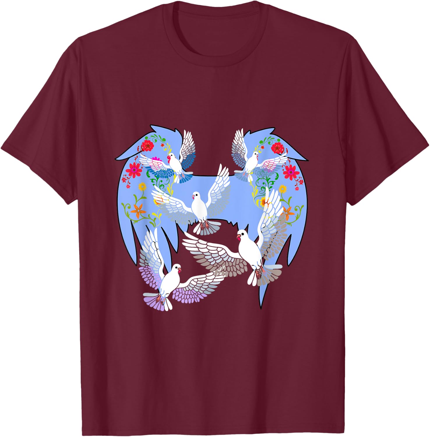 Angel Wings Doves Natural Flowers Peace Doves Peace T-Shirt - T-Shirt | Maroon
