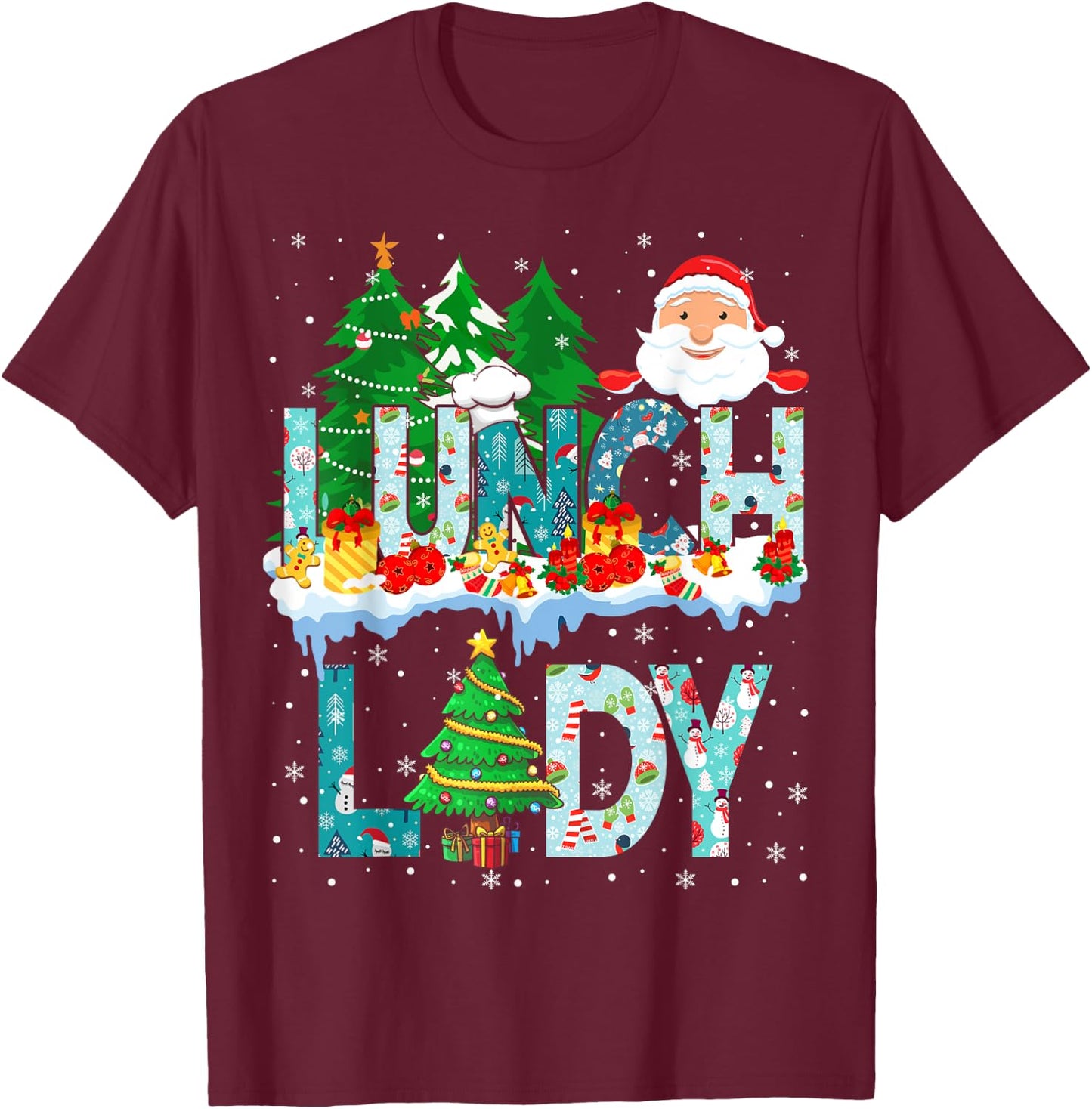 Lunch Lady Christmas Tree Santa Matching Xmas Lunch Lady T-Shirt - T-Shirt | Maroon