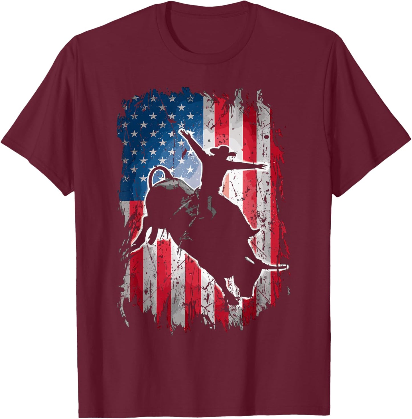 Rodeo Rider Bull USA Flag American Patriotic Cowboys T-Shirt - T-Shirt | Maroon