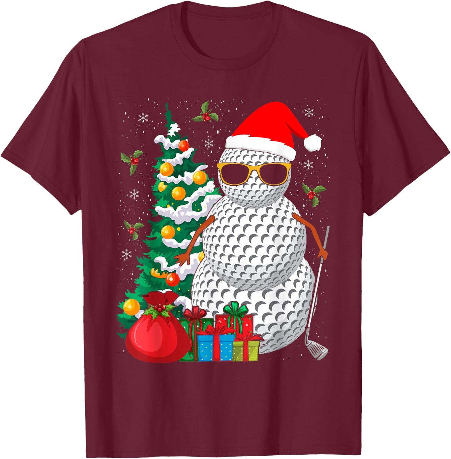 Santa Snowman Golf Ball Christmas Golfer T-Shirt - T-Shirt | Maroon