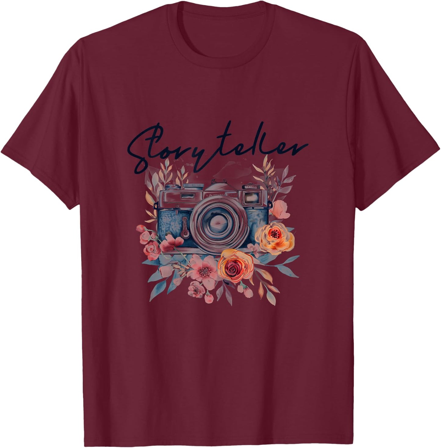 Photographer Storyteller Vintage Camera Flowers Photography T-Shirt - T-Shirt | Maroon