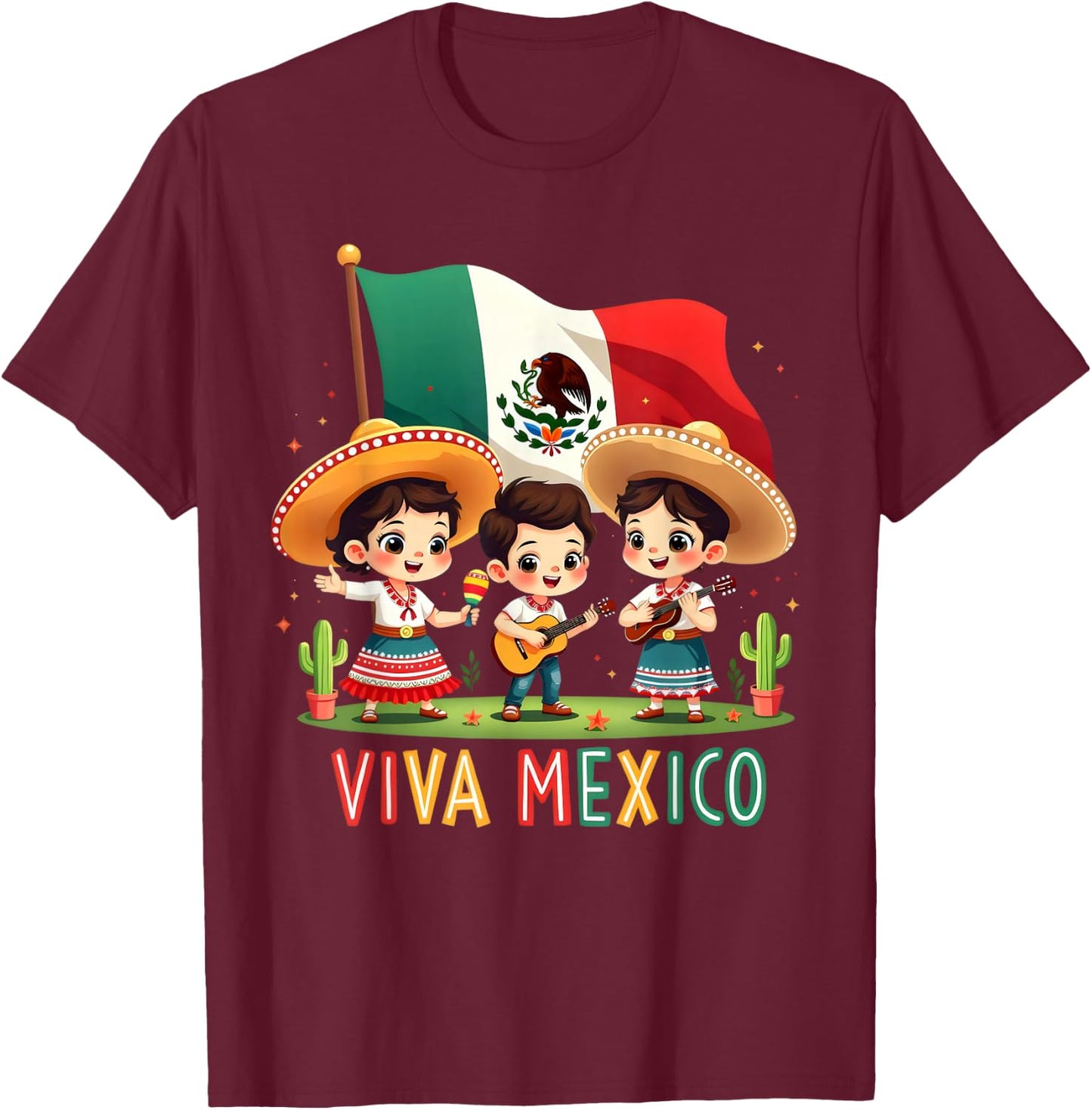 Viva Mexico Girl Boy Maracas Guitar Mexican Independence Day T-Shirt - T-Shirt | Maroon