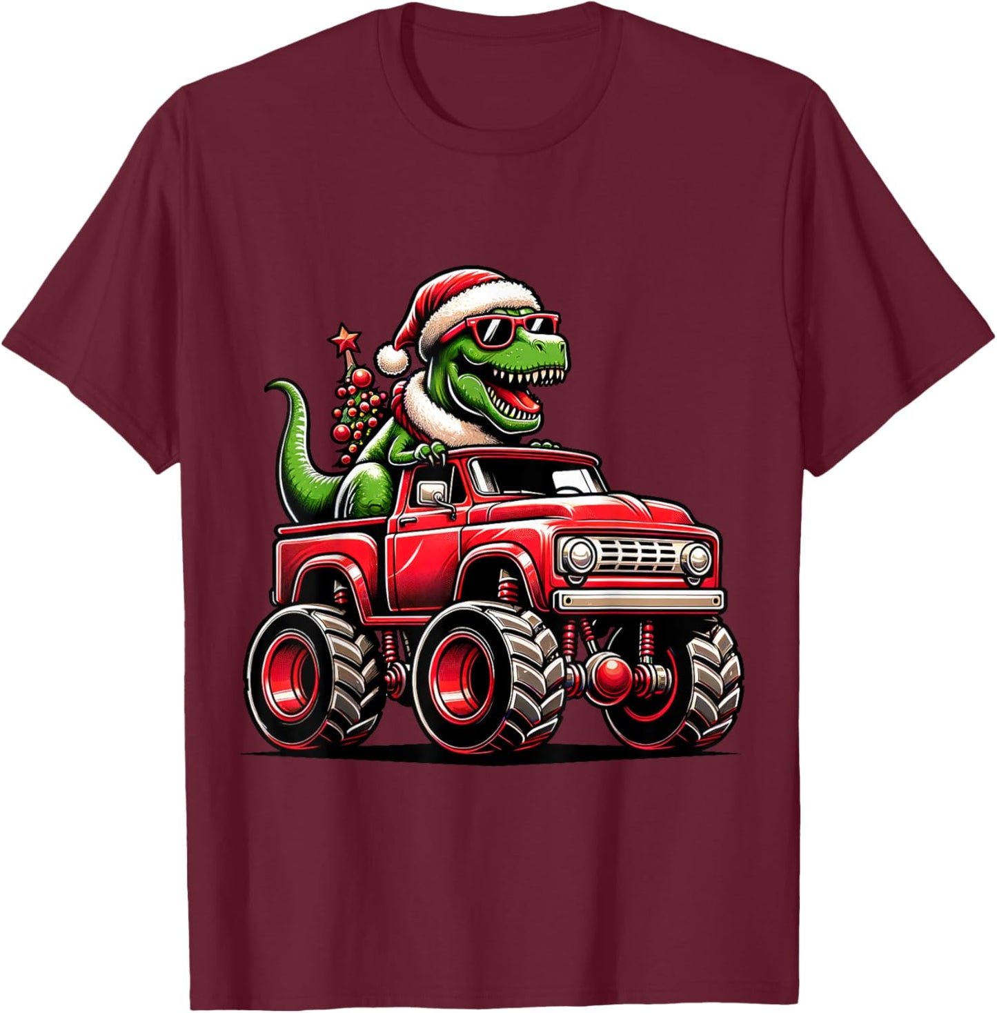 Christmas T Rex Monster Truck Boys Dinosaur Santa Xmas Funny T-Shirt - T-Shirt | Maroon