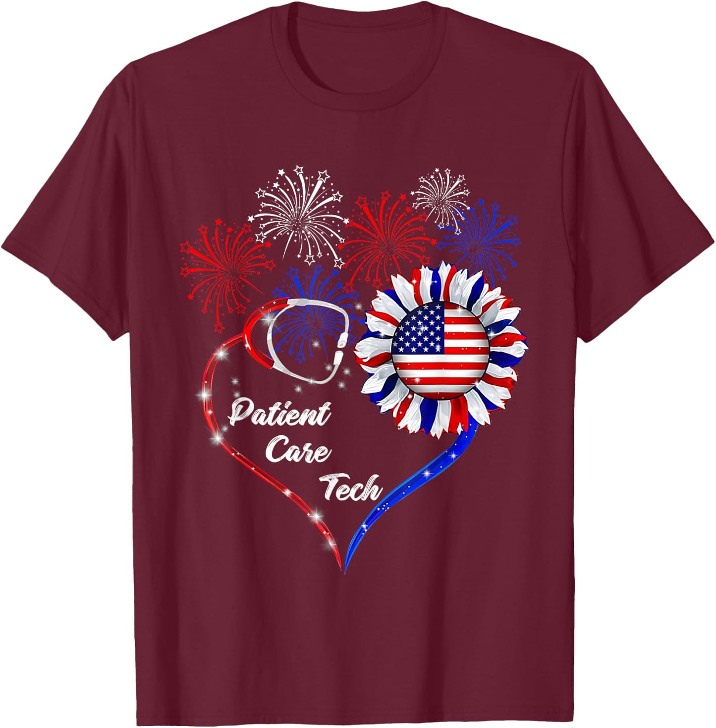 American Flag July 4th Firework Sunflower Patient Care Tech T-Shirt - T-Shirt | Maroon
