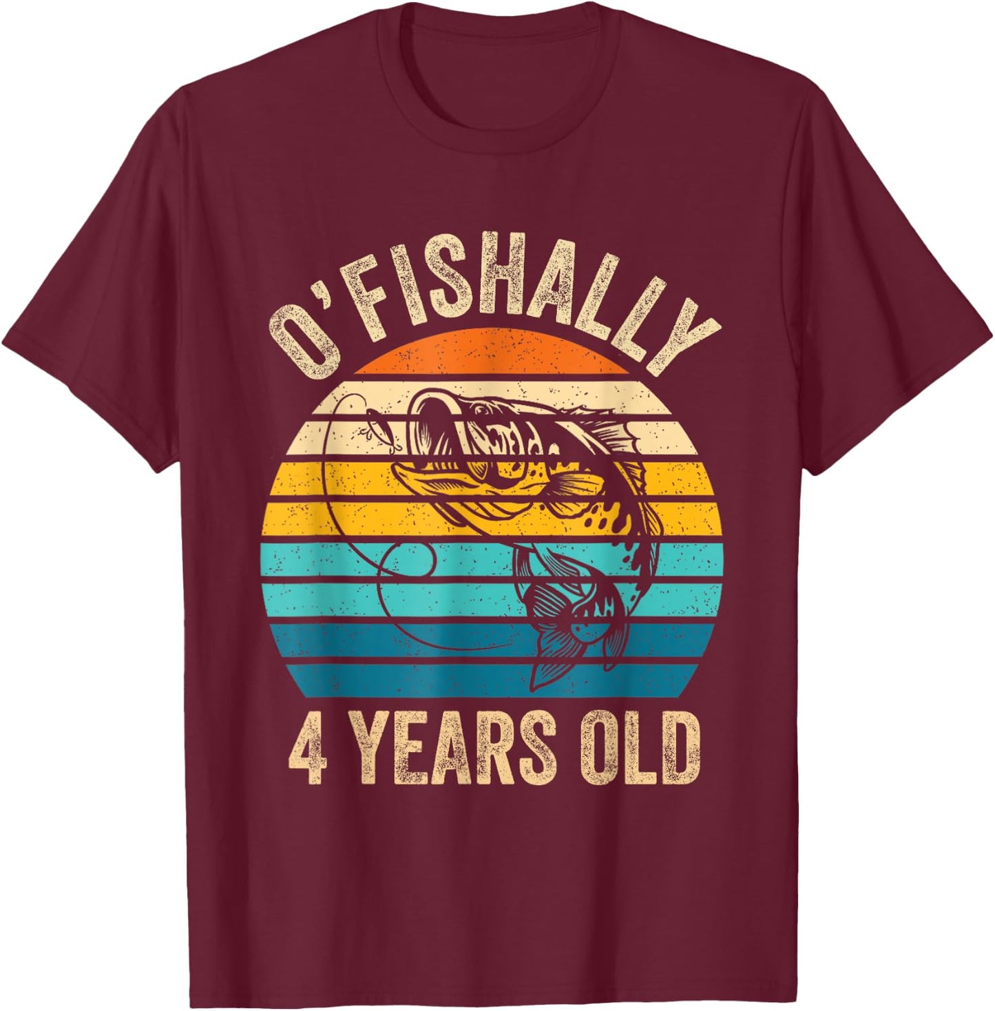 Ofishally 4 Year Old Shirt 4th Birthday Vintage Fishing T-Shirt - T-Shirt | Maroon