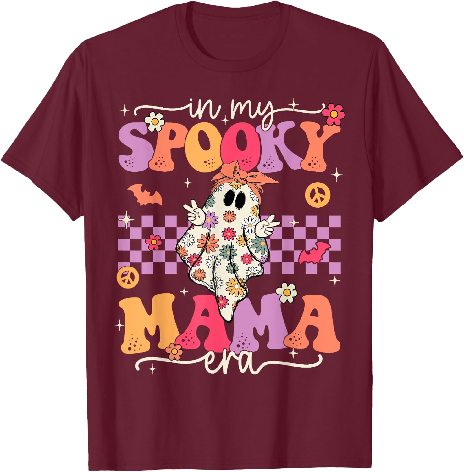 Groovy In My Spooky Mama Era Cute Retro Mom Halloween Ghost T-Shirt - T-Shirt | Maroon