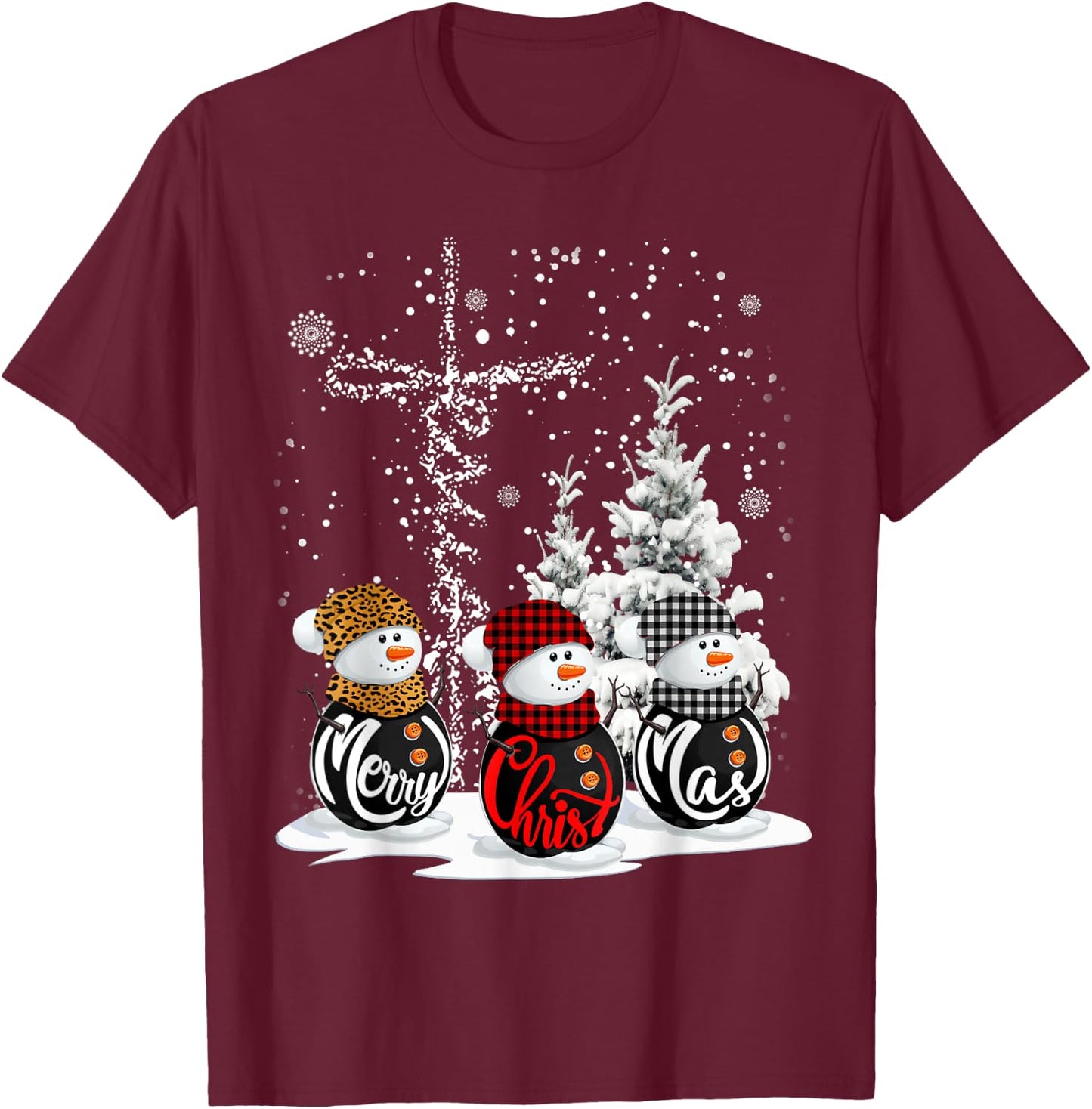 Merry Christmas Snowman Leopard Buffalo Red Plaid Men Women T-Shirt - T-Shirt | Maroon